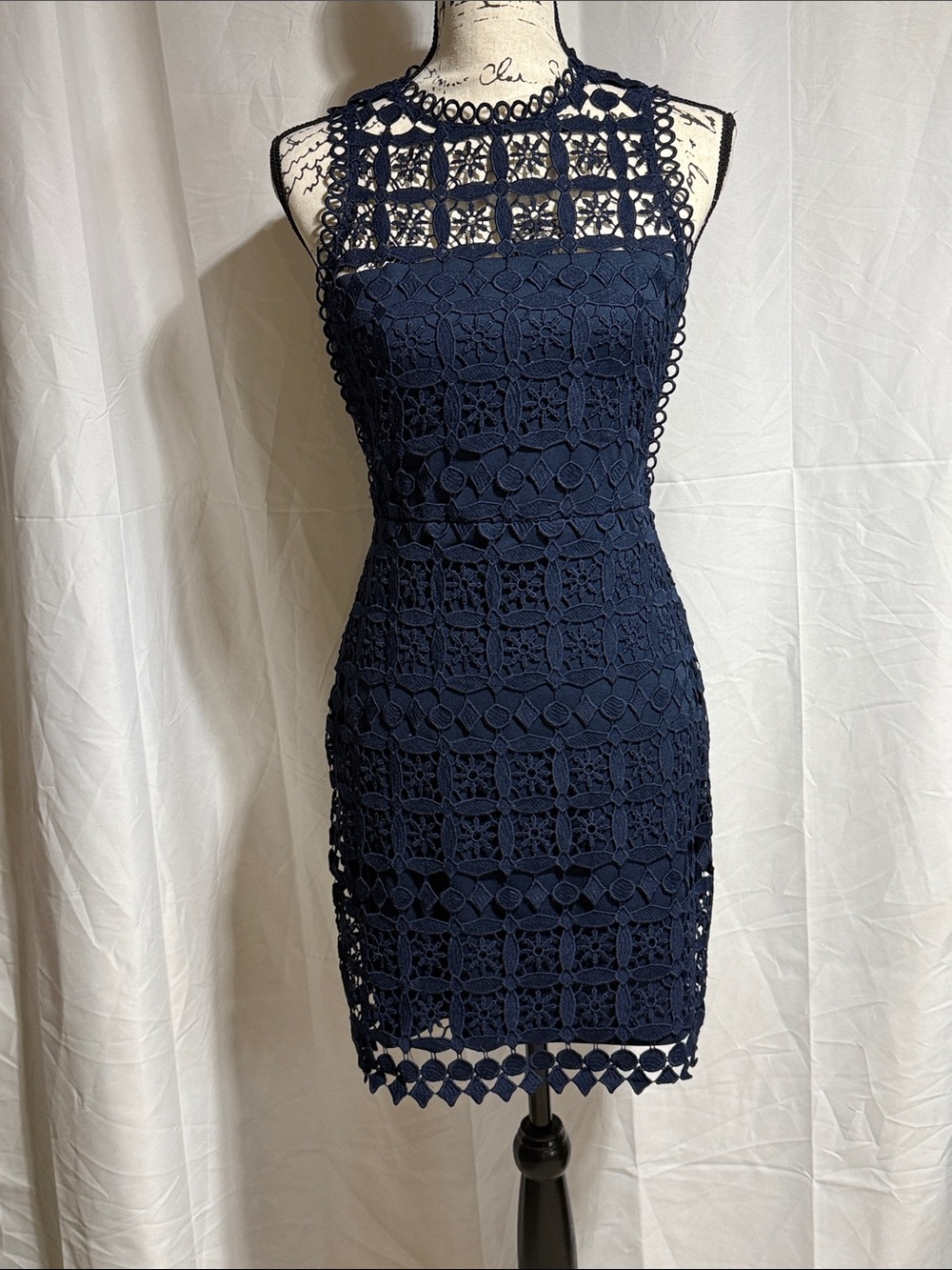Lulus Navy Crochet Mini Dress with Lattice Yoke
